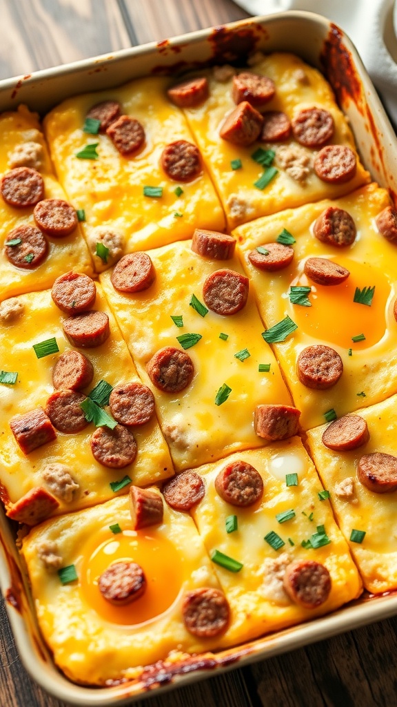 A delicious egg and sausage breakfast casserole with cheese and green onions.