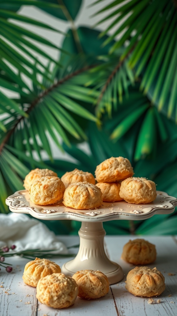 A plate of coconut macaroons displayed on a cake stand surrounded by green leaves.