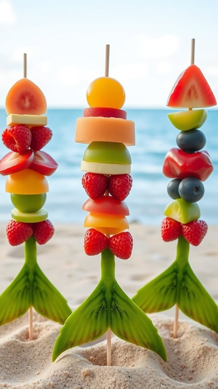 Colorful fruit kebabs shaped like mermaid tails, featuring strawberries, blueberries, and melon, set against a beach background.