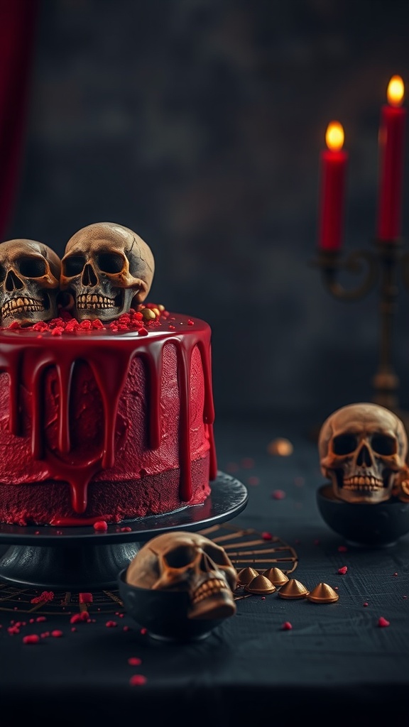 A spooky red velvet cake with a glossy red glaze and skull decorations, perfect for Halloween.