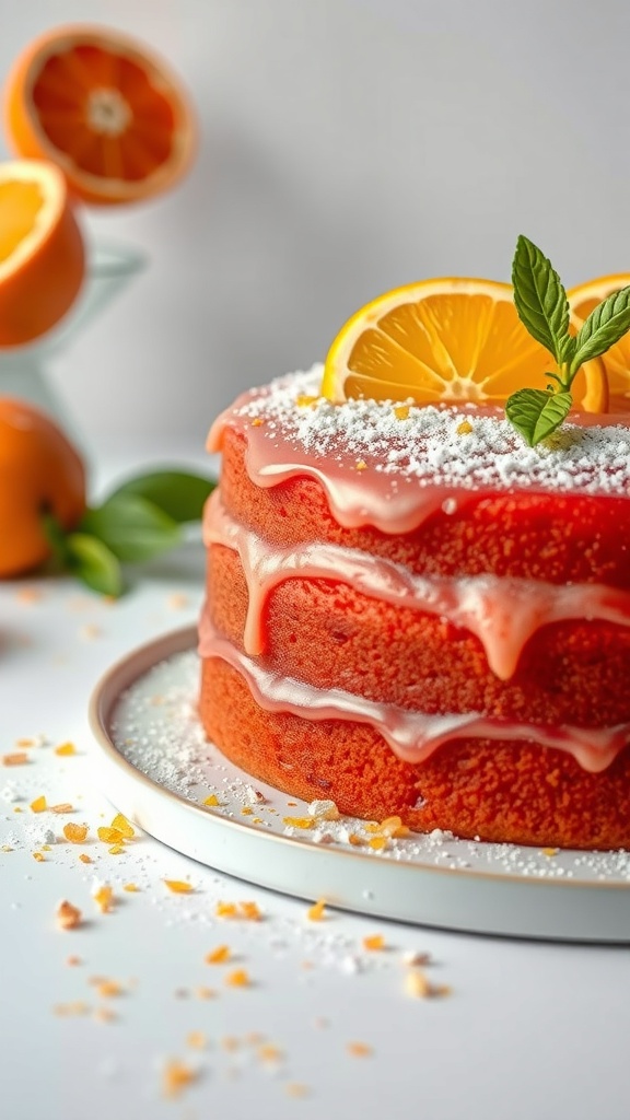A vibrant red citrus zest cake with orange slices and mint leaves on top.