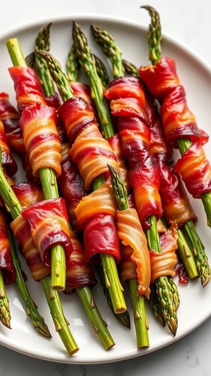 A plate of bacon-wrapped asparagus spears, showcasing the crispy bacon and fresh green asparagus.