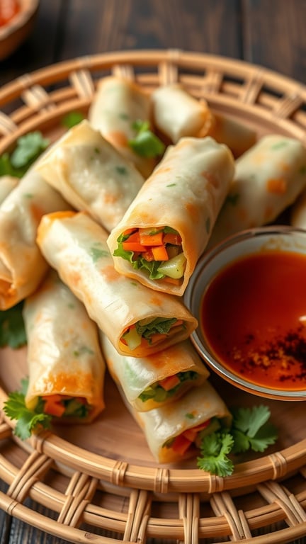 A plate of crispy vegetable spring rolls with a side of dipping sauce.