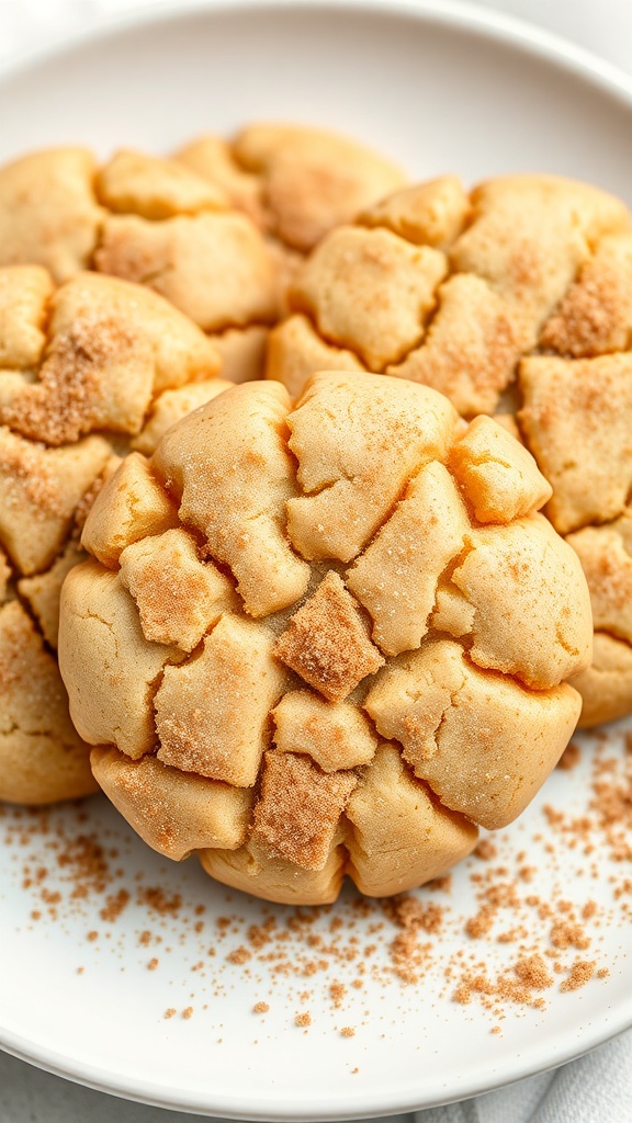 A plate of golden brown keto snickerdoodle cookies with a cracked surface and cinnamon sugar topping.