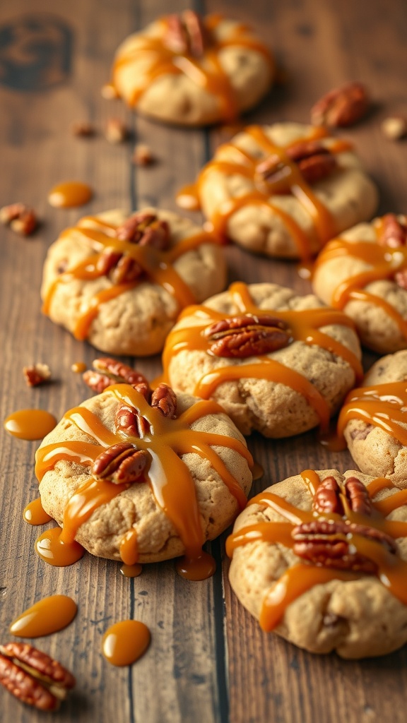Delicious caramel pecan no bake cookies drizzled with caramel and topped with pecans.