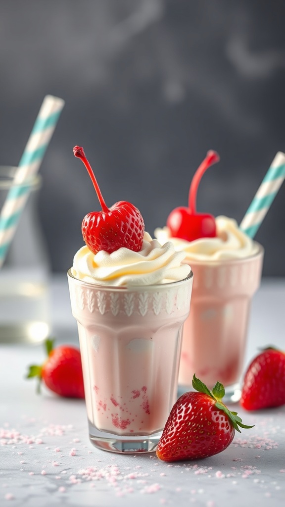 Two strawberry milkshake shots topped with whipped cream and cherries, surrounded by fresh strawberries.