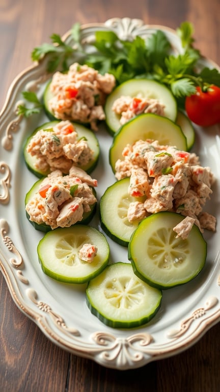 A platter of cucumber rounds topped with tuna salad, garnished with herbs and cherry tomatoes.
