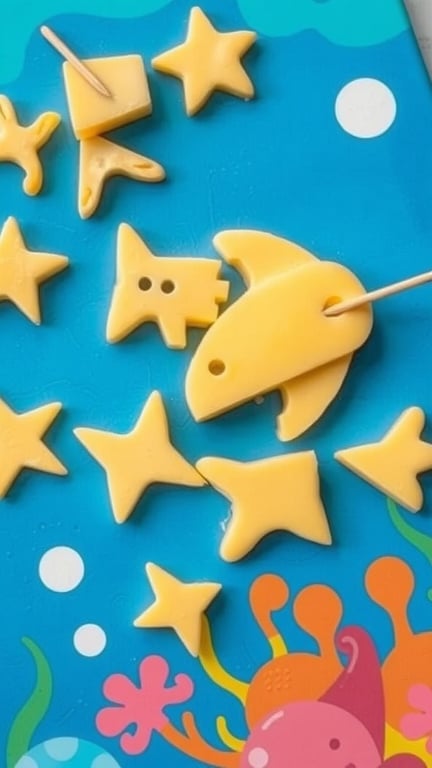Colorful cheese shapes of sea creatures on a blue background