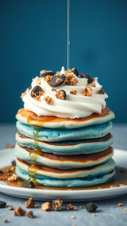 Stack of colorful Cookie Monster pancakes with whipped cream, syrup, and cookie crumbles on top.