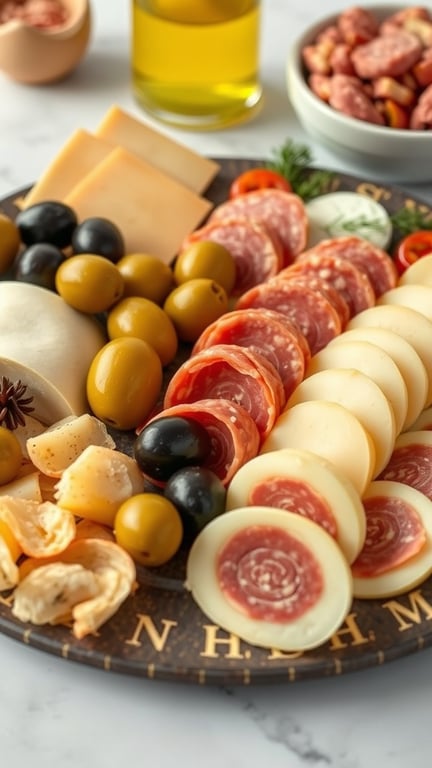 A platter of cheese and salami roll-ups with olives and other snacks.