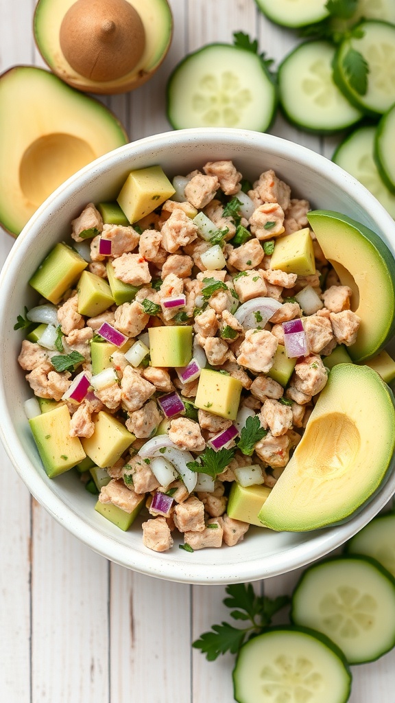 A bowl of avocado and tuna salad with diced cucumbers and herbs, surrounded by sliced cucumbers and avocado halves.