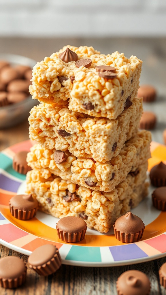 A stack of Peanut Butter Cup Rice Krispie Treats topped with chocolate and peanut butter cups.