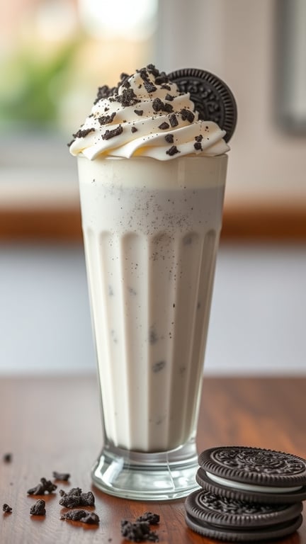 A delicious Oreo milkshake topped with whipped cream and crushed Oreos.