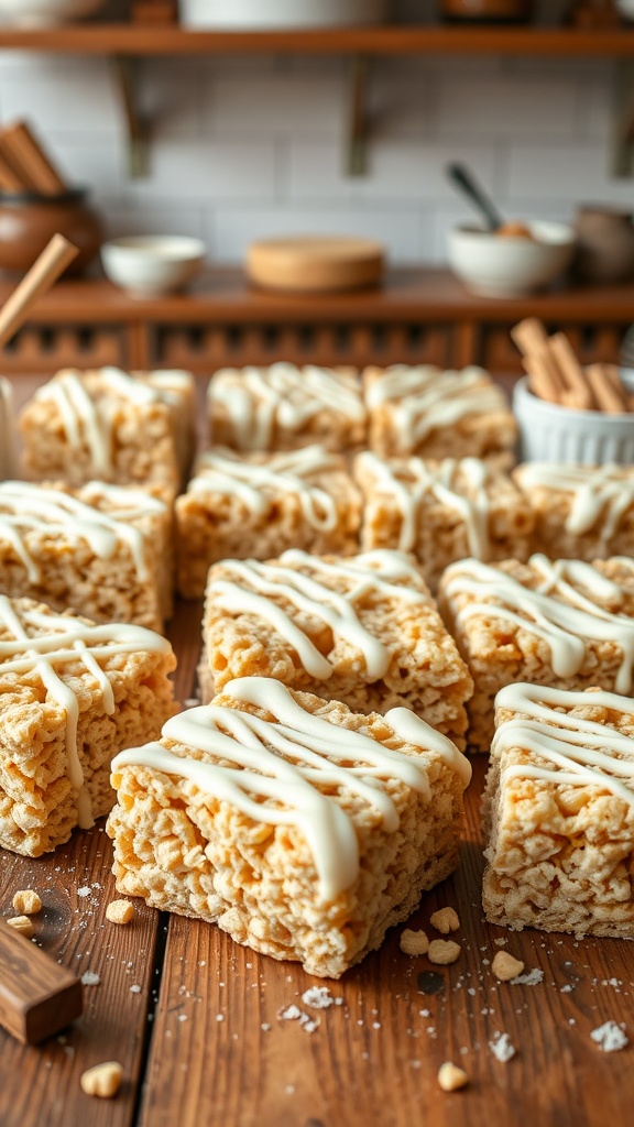 Delicious Cinnamon Roll Rice Krispie Treats drizzled with icing on a wooden table