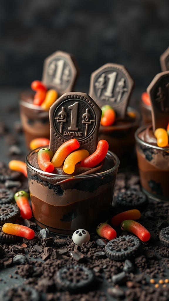 Chocolate pudding cups with crushed Oreos, gummy worms, and chocolate tombstone decorations.