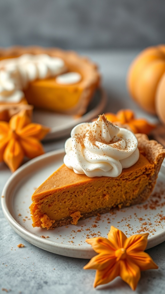 A slice of no-bake pumpkin pie topped with whipped cream and cinnamon, with a whole pie and decorative flowers in the background.
