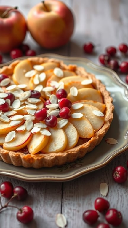 A delicious apple and cranberry tart topped with almonds, surrounded by fresh apples and cranberries.