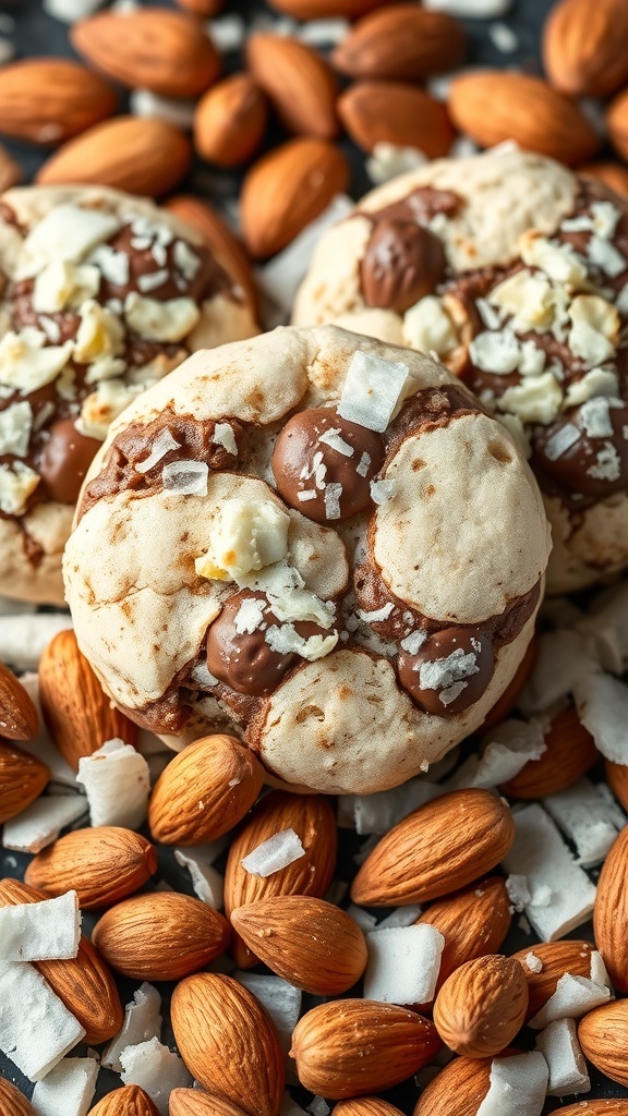 Almond Joy Cookies surrounded by almonds and coconut flakes