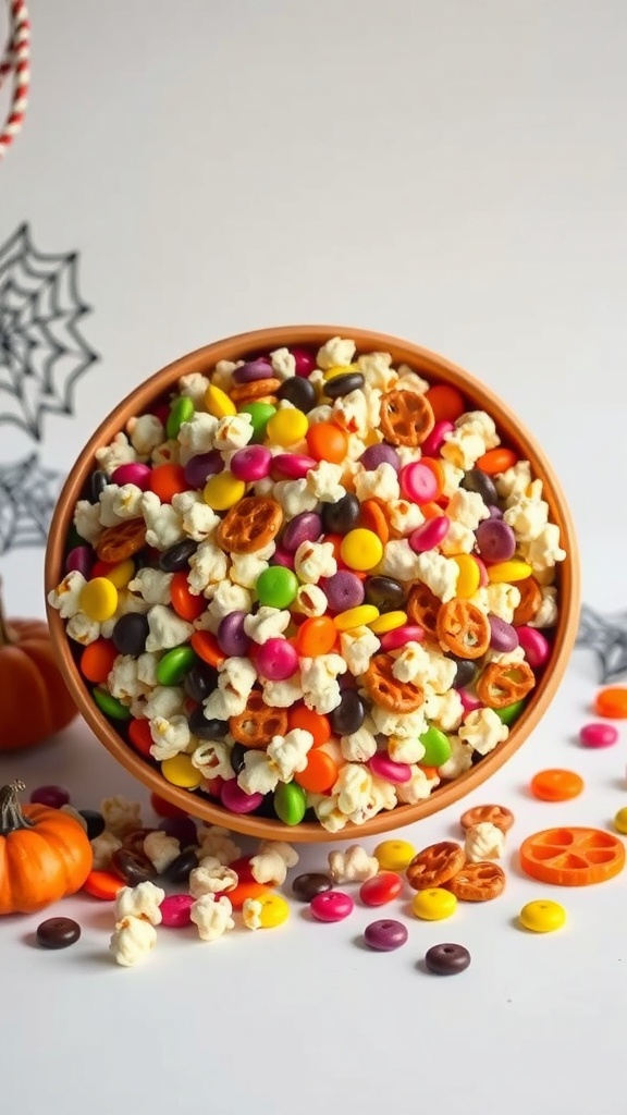 A bowl of Monster Munch Snack Mix with popcorn, pretzels, and colorful candies, surrounded by Halloween decorations.