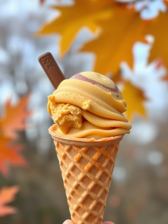 A cone of pumpkin ice cream with a cinnamon swirl, set against a backdrop of autumn leaves.