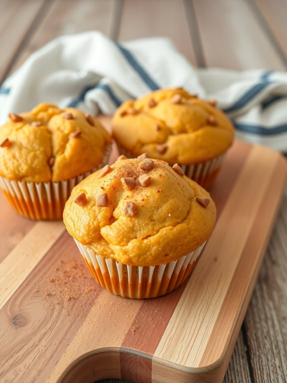 Three spiced pumpkin muffins on a wooden board, topped with cinnamon and bits of sweet toppings.