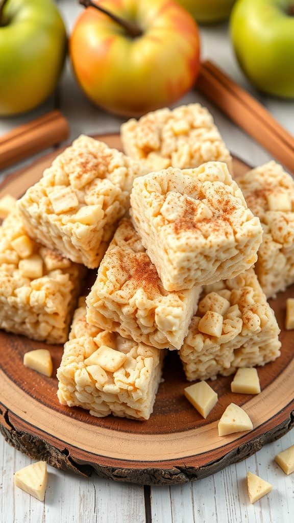 A plate of Apple Cinnamon Rice Krispie Treats with green apples and cinnamon sticks in the background.