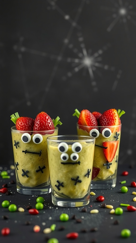 Three Frankenstein-themed fruit cups decorated with googly eyes and fruit toppings