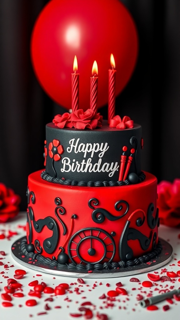 A red and black themed birthday cake with candles and decorative flowers.