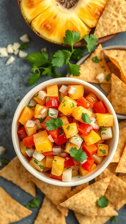 A bowl of pineapple salsa with colorful diced vegetables and tortilla chips on the side.