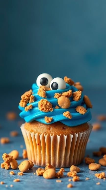 A cupcake with blue frosting, googly eyes, and cookie crumbs on top.