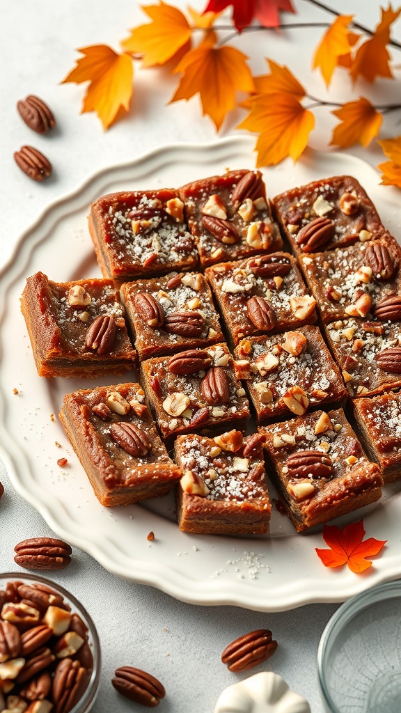 A plate of pecan praline bars topped with pecans and powdered sugar, surrounded by autumn leaves.