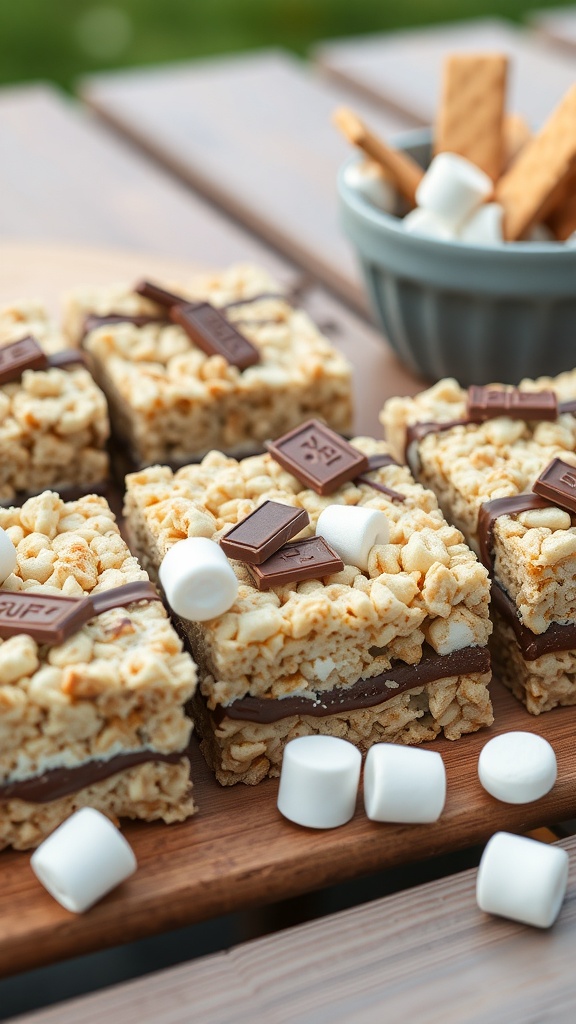 Delicious S'mores Rice Krispie Treats on a wooden board with chocolate, marshmallows, and graham crackers.