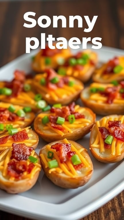 A plate of cheesy potato skins topped with bacon and green onions.