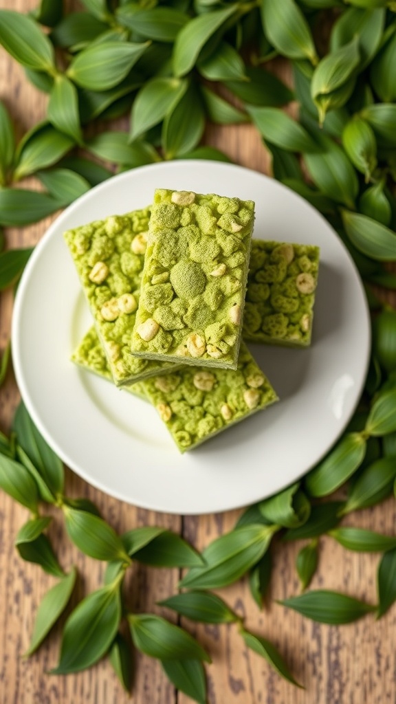 Plate of Matcha Green Tea Rice Krispie Treats surrounded by green leaves