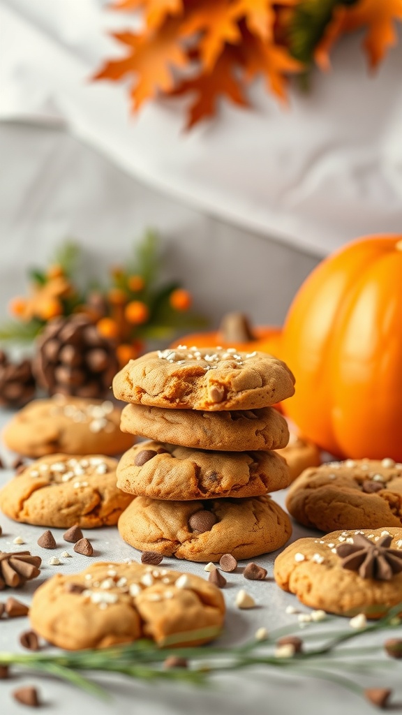 A stack of pumpkin spice no bake cookies with chocolate chips and decorative sprinkles.