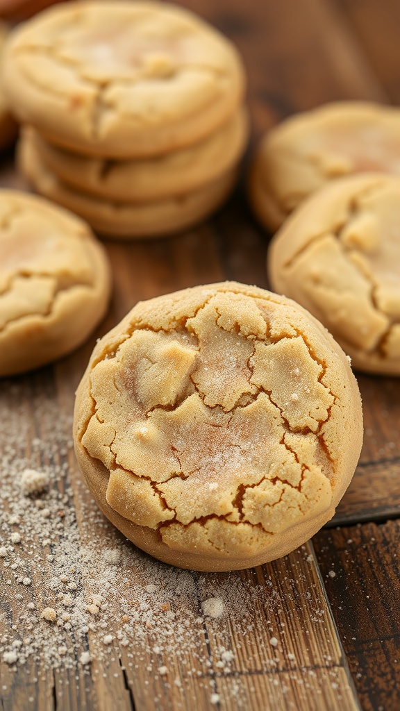 A close-up of soft and chewy snickerdoodle cookies on a wooden surface.