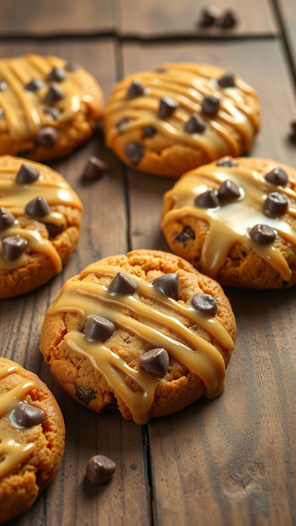 Delicious pumpkin chocolate chip cookies drizzled with maple glaze on a wooden surface.