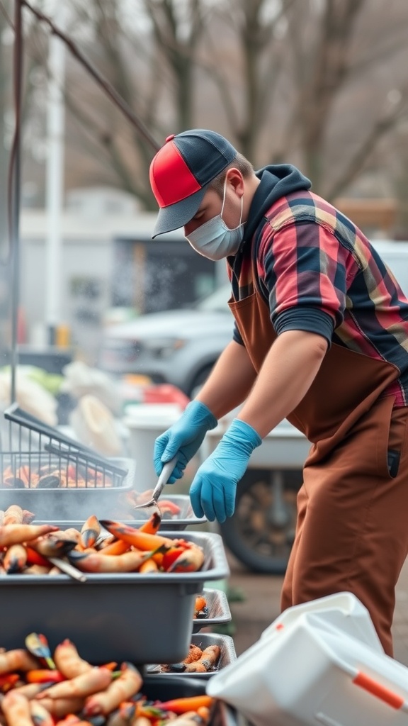 A person preparing seafood for a boil party, showcasing a variety of seafood and vegetables.