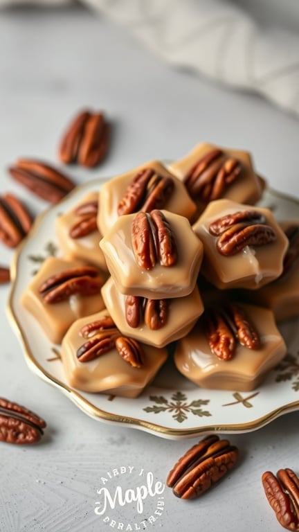 A plate of maple pecan pralines topped with whole pecans, showcasing their creamy texture and festive appeal.
