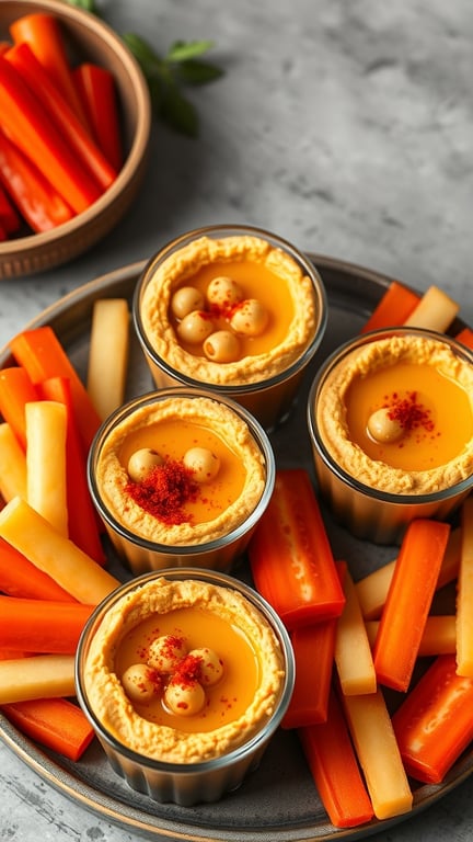 Spicy chickpea hummus served in small cups with carrot and celery sticks.