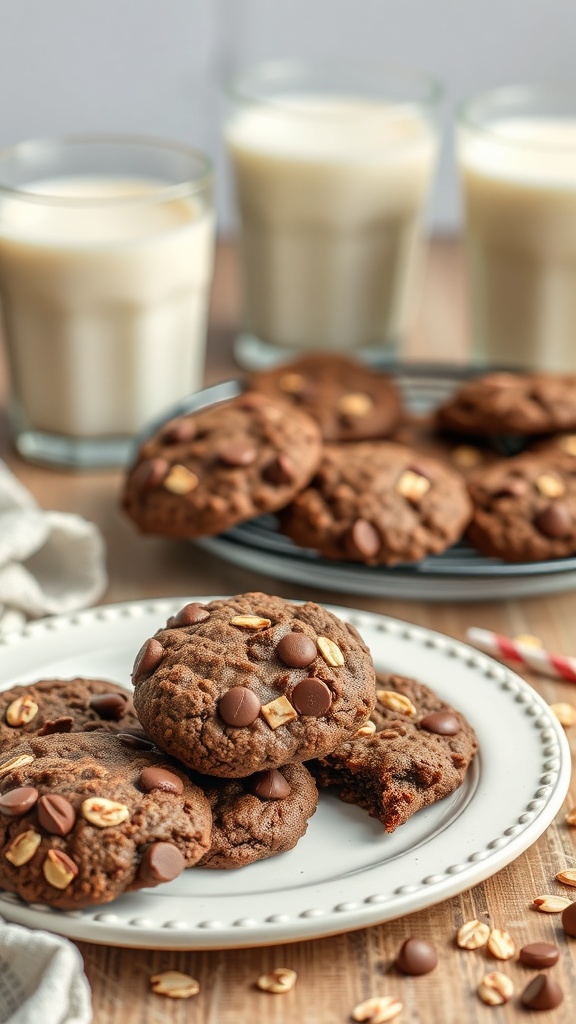 Plate of chocolate oatmeal no bake cookies with a glass of milk in the background