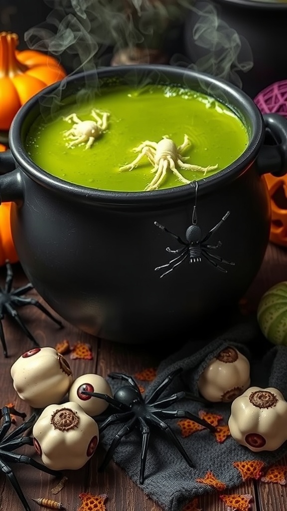 A spooky cauldron filled with green soup, topped with gummy spiders and eyeballs, surrounded by Halloween decorations.
