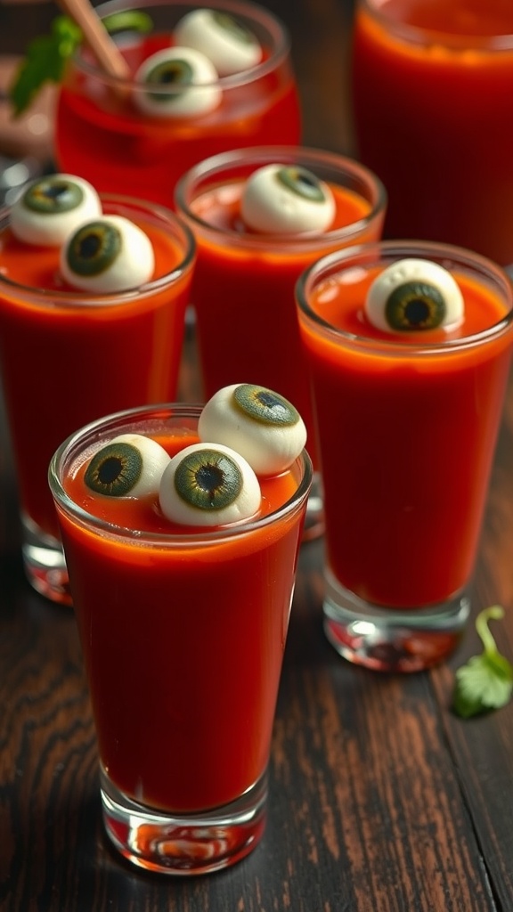 Bloody Mary shots with eyeball garnishes