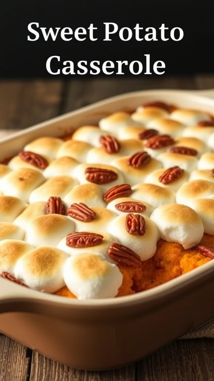 Sweet Potato Marshmallow Casserole topped with marshmallows and pecans