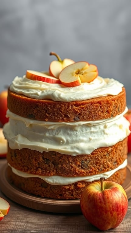A layered spiced apple cake topped with cream cheese frosting and garnished with apple slices.
