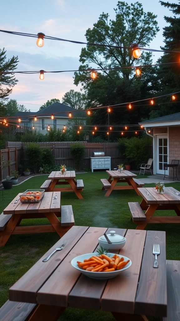 Outdoor setup with picnic tables, string lights, and roasted carrots for a seafood boil party.