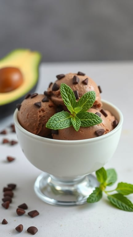 Bowl of creamy avocado chocolate ice cream topped with mint leaves and chocolate chips