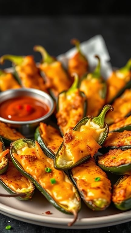 A plate of cheesy jalapeño poppers with a dipping sauce