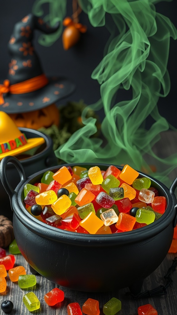 A cauldron filled with colorful gummy candies, surrounded by Halloween decorations and green smoke.