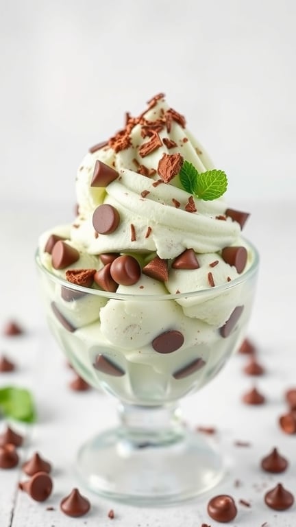 A bowl of mint chocolate chip ice cream topped with chocolate chips and mint leaves.